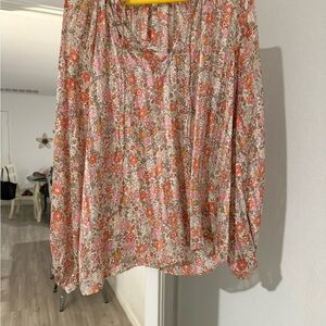 H&M Pink and Orange Floral Blouse with Bishop Sleeves